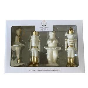4pc Becky Owens Nutcracker Ballet Ceramic Christmas Ornaments 5" Gold & White
